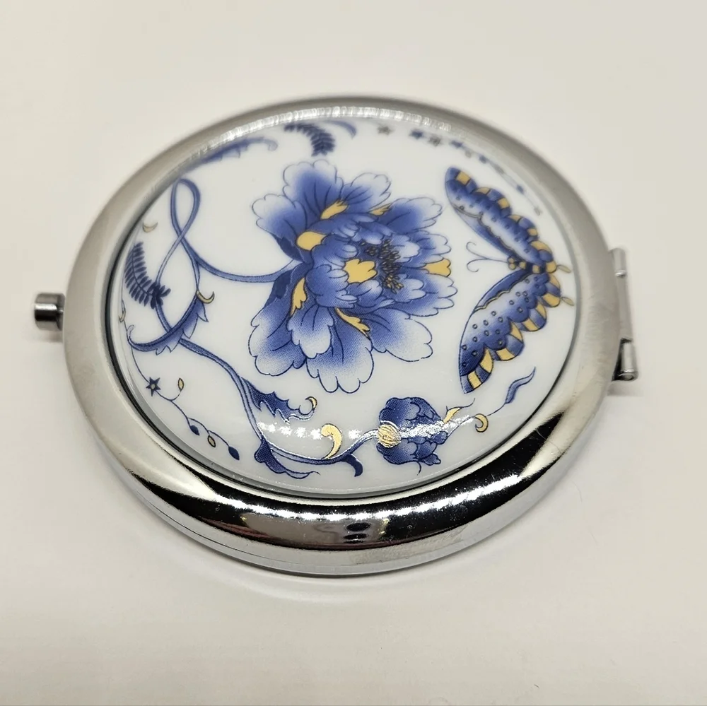 Flower Butterfly Compact Mirror Genuine Porcelain Blue White Make Up